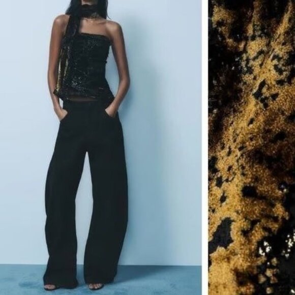 Zara Scarf Corset Black Gold Velvet Foulard Strapless Going Out Top Size Large - Picture 1 of 14